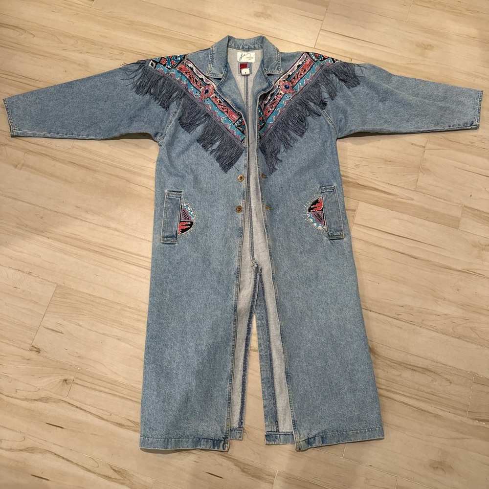 Rare Vintage 90s Denim Trench Coat — Southwestern Beaded Aztec Trim & Fringe — S